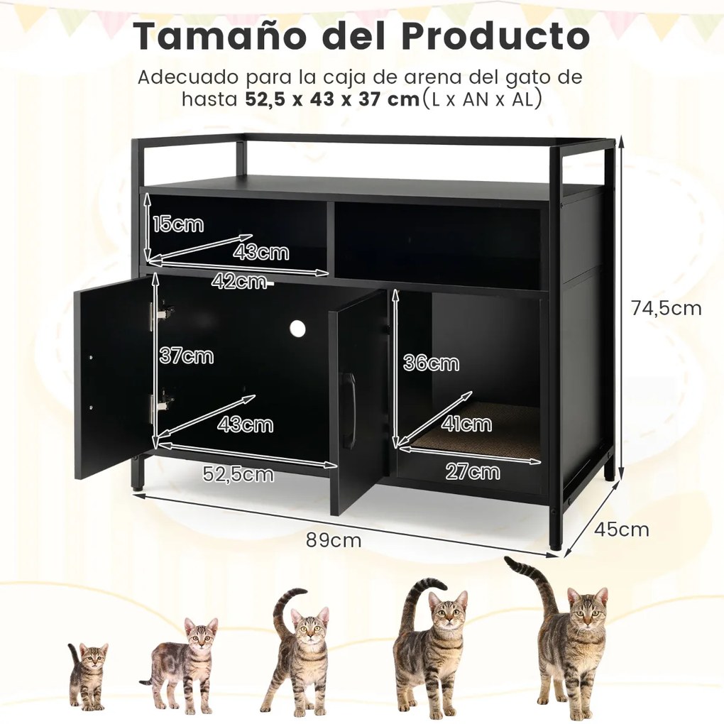 Caixa de areia oculta para gatos com portas de cartão para arranhar Armário de limpeza para animais de estimação com Estante 89 x 45 x 74,5 cm Preto