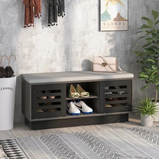 Banco Sapateira com Assento com 6 Compartimentos de Arrumação 3 Prateleiras e 2 Portas para Entrada 99,5 x 34,5 x 46 cm Cinza + Cinza Escuro