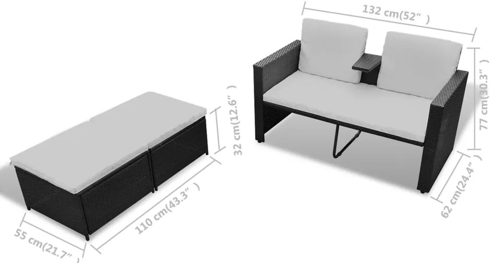 4 pcs conjunto lounge de jardim c/ almofadões vime PE preto