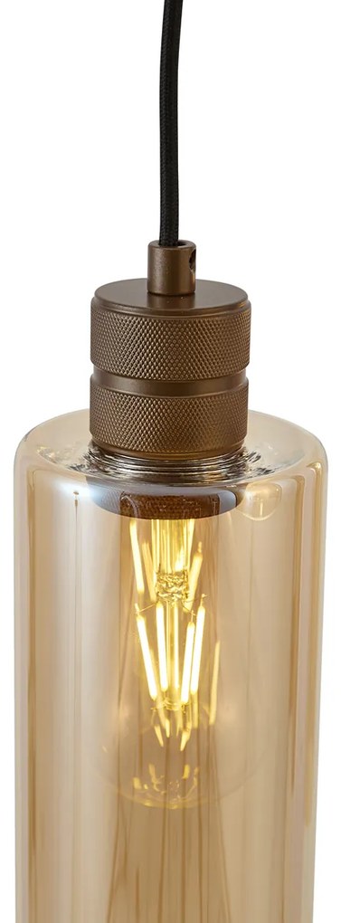 Candeeiro suspenso Hotel Chic bronze escuro com vidro âmbar 3 luzes - Stavelot