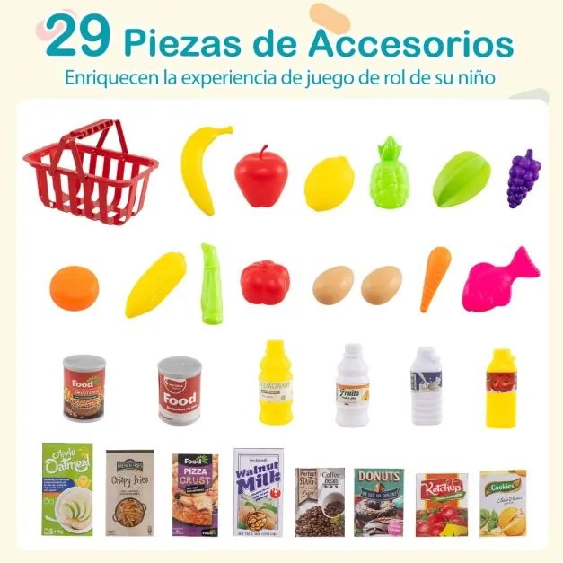 Conjunto de supermercado para crianças com carrinho de compras, balança e scanner com luz e som, 76 peças de alimentos e acessórios, jogo de encenação