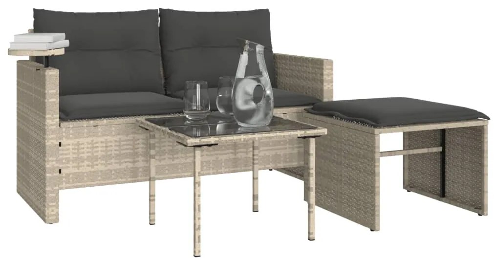 3 pcs conj. sofás jardim c/ almofadões vime PE cinzento-claro