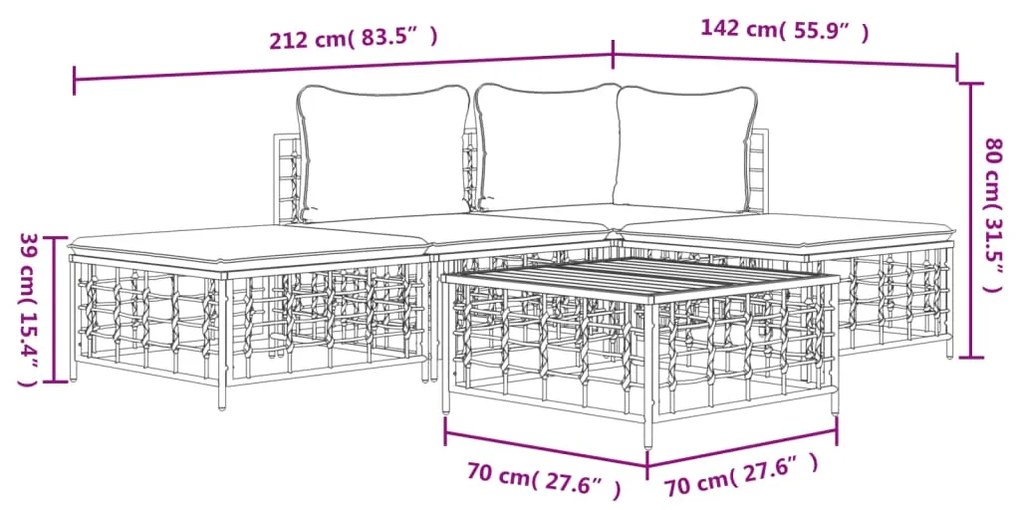 5 pcs conjunto lounge de jardim c/ almofadões vime PE antracite