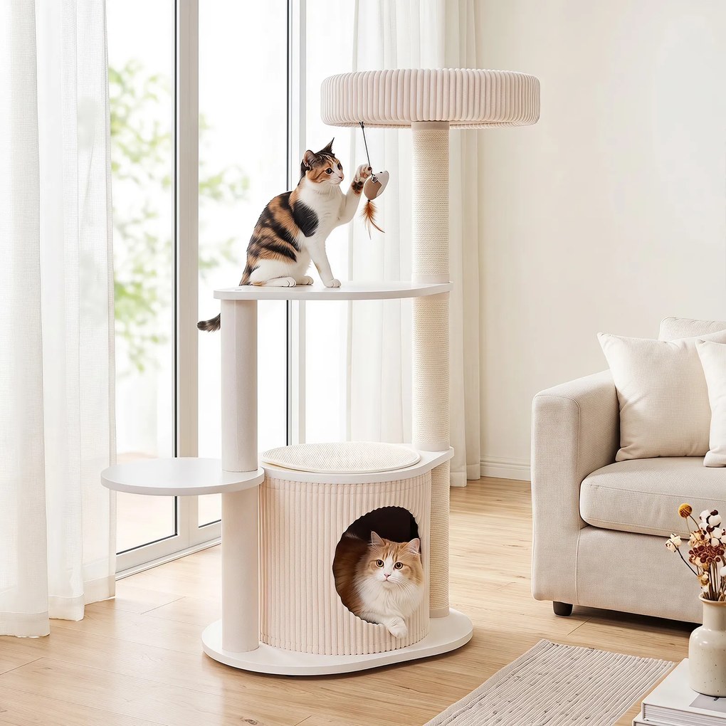 Árvore de Arranhar para Gatos, 93 x 40 x 105 cm, Multinível com Postes de Sisal, Bege