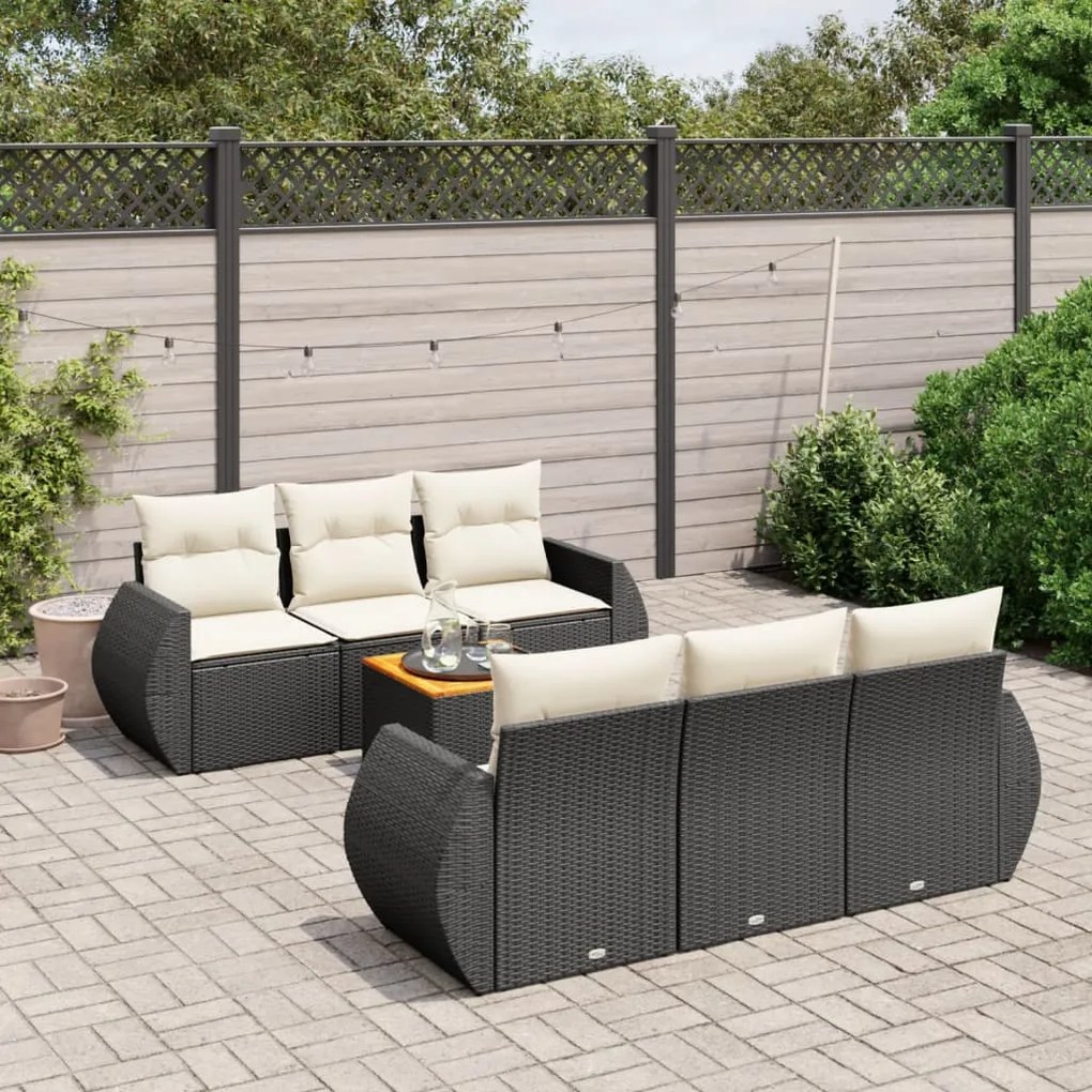 7 pcs conjunto de sofás p/ jardim c/ almofadões vime PE preto