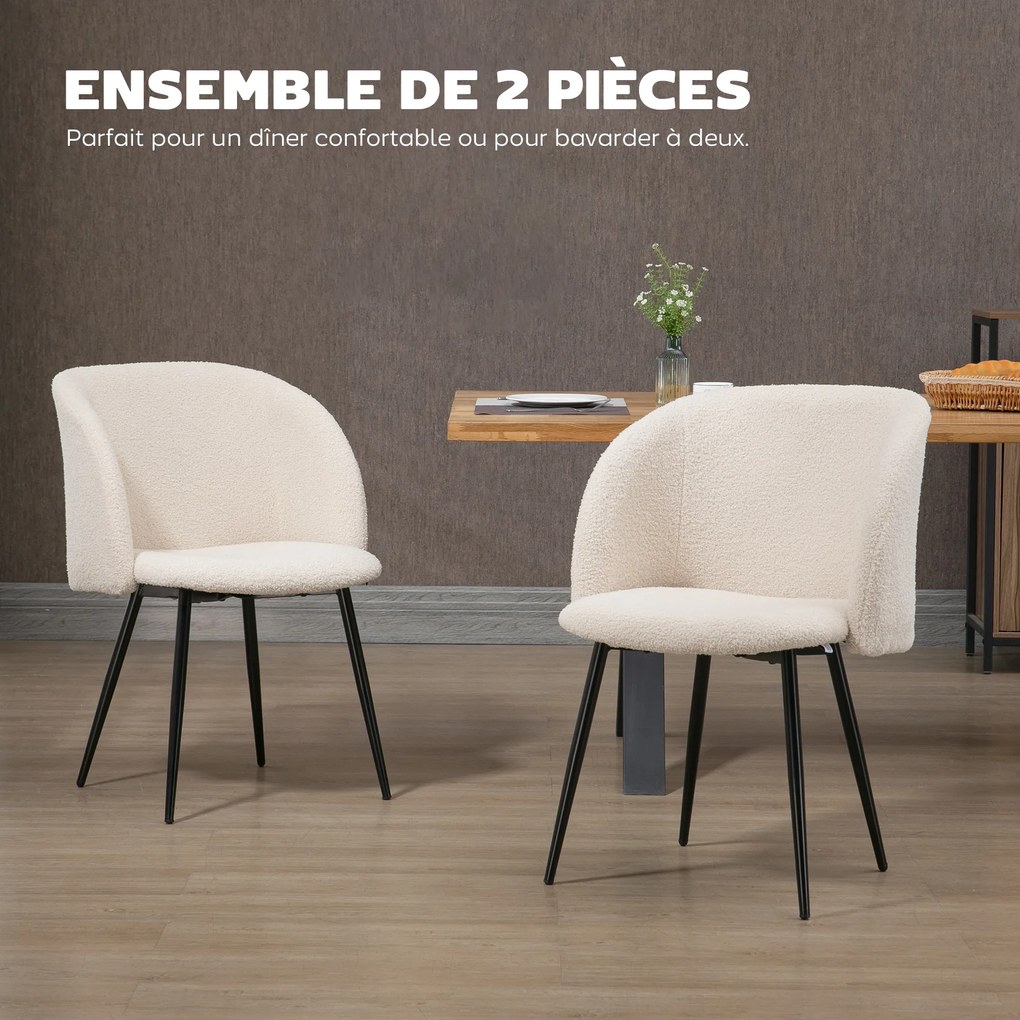 Conjunto de 2 cadeiras de sala de jantar com encosto em tecido com efeito de lã felpuda e pés em aço, 55 x 62 x 80 cm, bege e preto