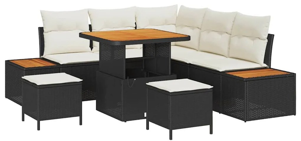 Conjunto de Sofá de Jardim Com 8 Peças e Almofadas Rattan Preto Acácia