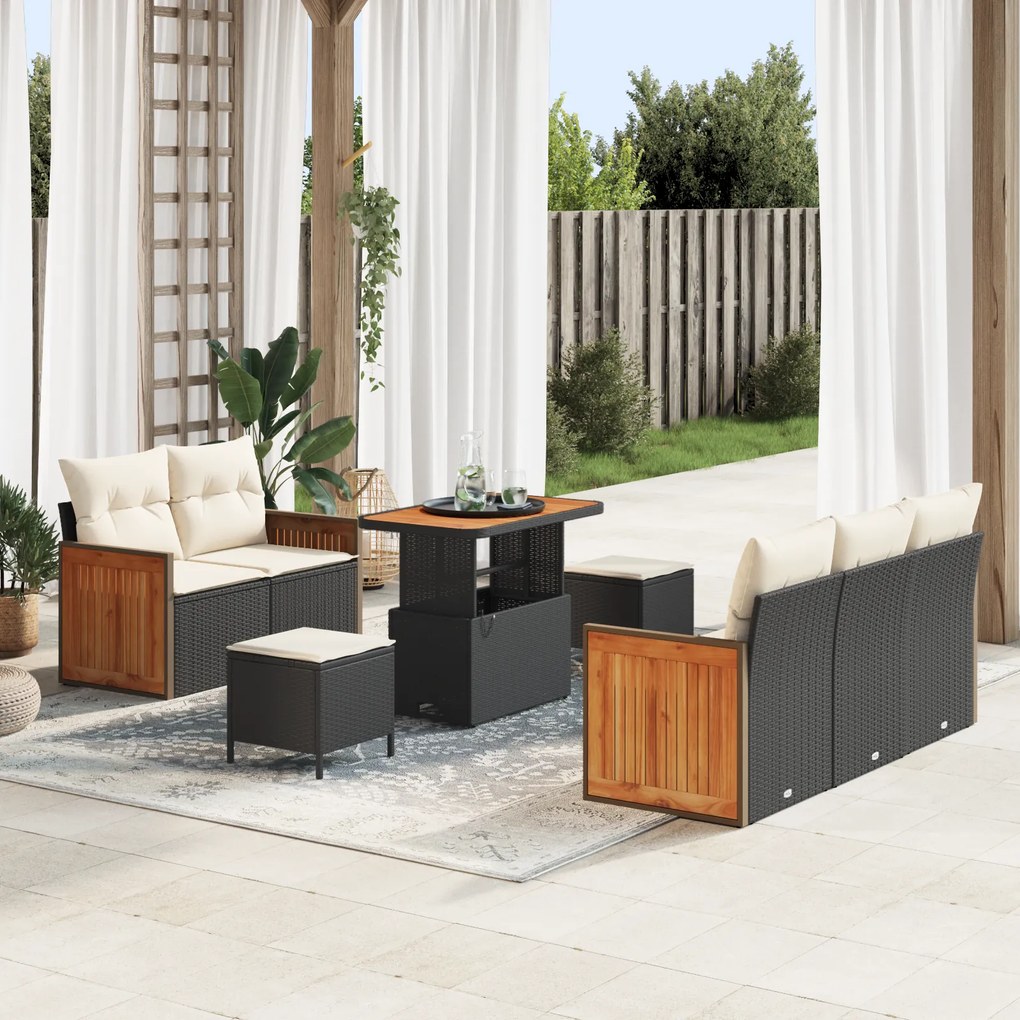Conjunto de Sofá de Jardim de 8 Peças com Almofadas Preto Rattan Acácia