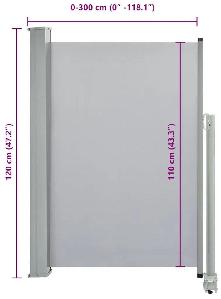 Toldo lateral retrátil para pátio 120x300 cm cinzento