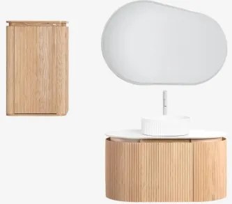 Conjunto De Móvel De Casa De Banho Suspenso 90x50 Cm Em Madeira Carsone Madeira Natural & Madeira Natural & Cerâmica Redonda Riscas Brancas Ø36 Cm Sin