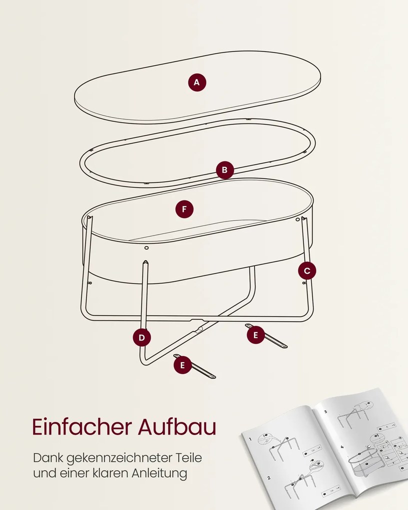 Mesa de centro oval 45 x 100 x 45,7 cm com espaço de arrumação e cesto em tecido, branco e castanho camelo