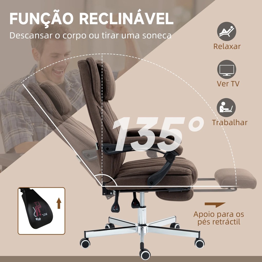 Cadeira de Escritório com 6 Pontos de Massagem por Vibração Reclinável com Altura Ajustável 65x61x101-113 cm Castanho Escuro