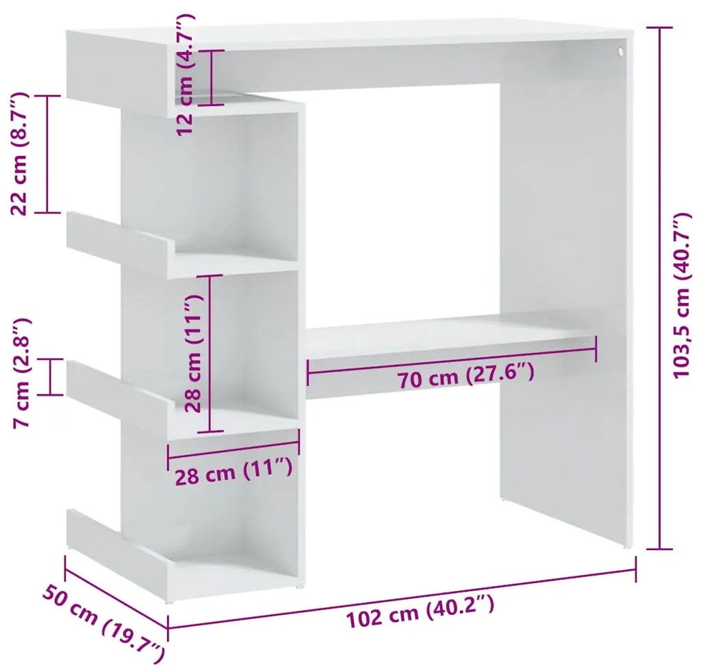 Mesa de bar c/ prateleiras 100x50x101,5 cm branco brilhante