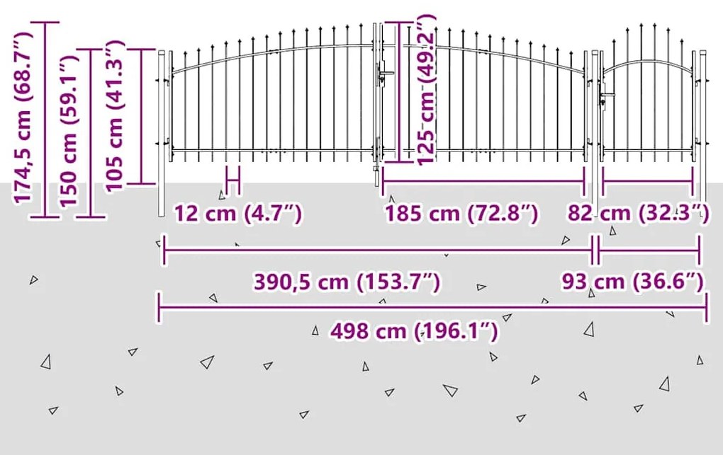 Portão de Jardim com Ponta de Lança Cinza 125x500 cm de Aço