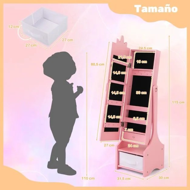 Conjunto de Toucador e armário para joias para meninas com espelho dobrável LED e espelho de corpo inteiro Rosa