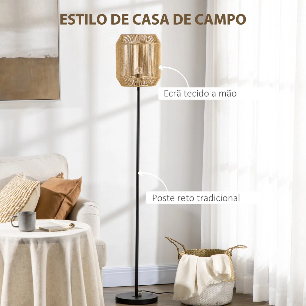 Candeeiro de Pé para Sala de Estar Lâmpada E27 Máx. 40W Candeeiro de Pé com Ecrã de Corda de Papel e Interruptor de Pé para Cozinha Dormitório Ø26x158