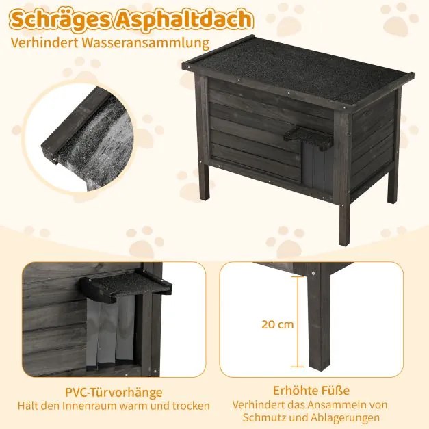 Casa para gatos de madeira para inverno ao ar livre com isolamento de espuma e telhado preto