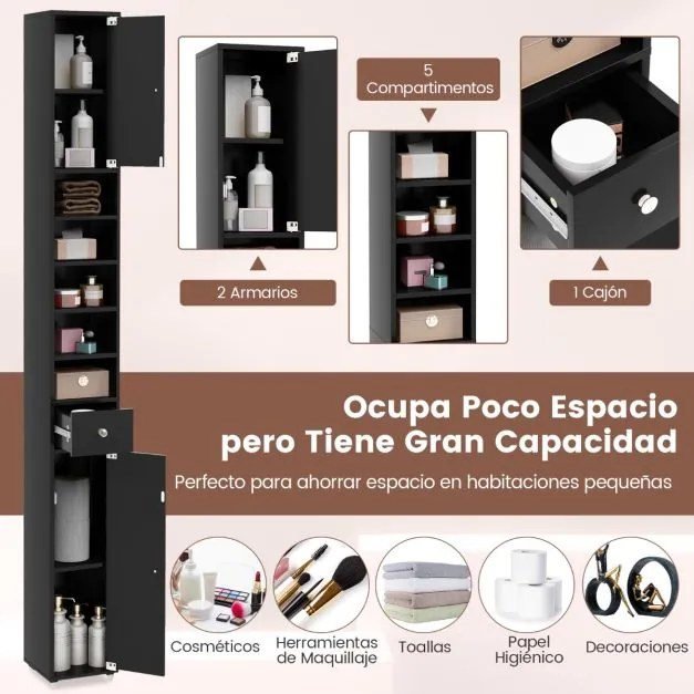 Armário de casa de banho alto e estreito com gaveta e 5 estantes ajustáveis 20 x 20 x 180 cm Preto