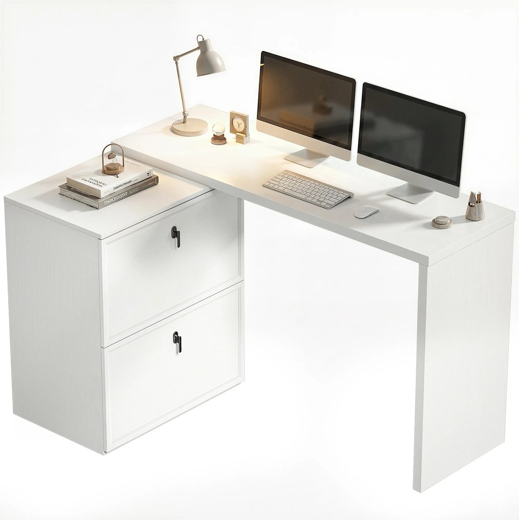 Secretária Reversível em Forma de L com 2 Gavetões Arquivadores, Design Moderno para Espaços Pequenos, Escritório Branco