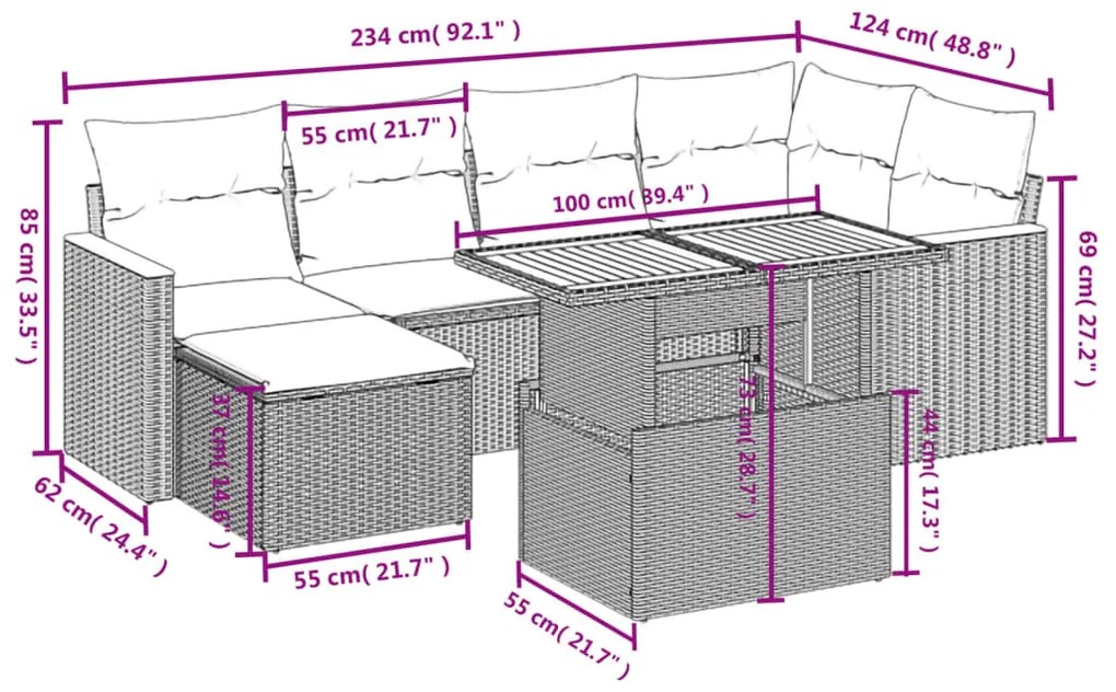 7 pcs conjunto de sofás p/ jardim c/ almofadões vime PE preto