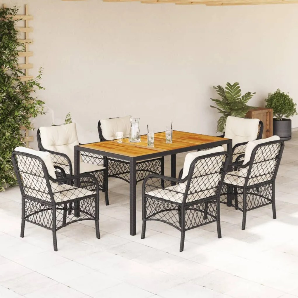 7 pcs conjunto de jantar p/ jardim c/ almofadões vime PE preto