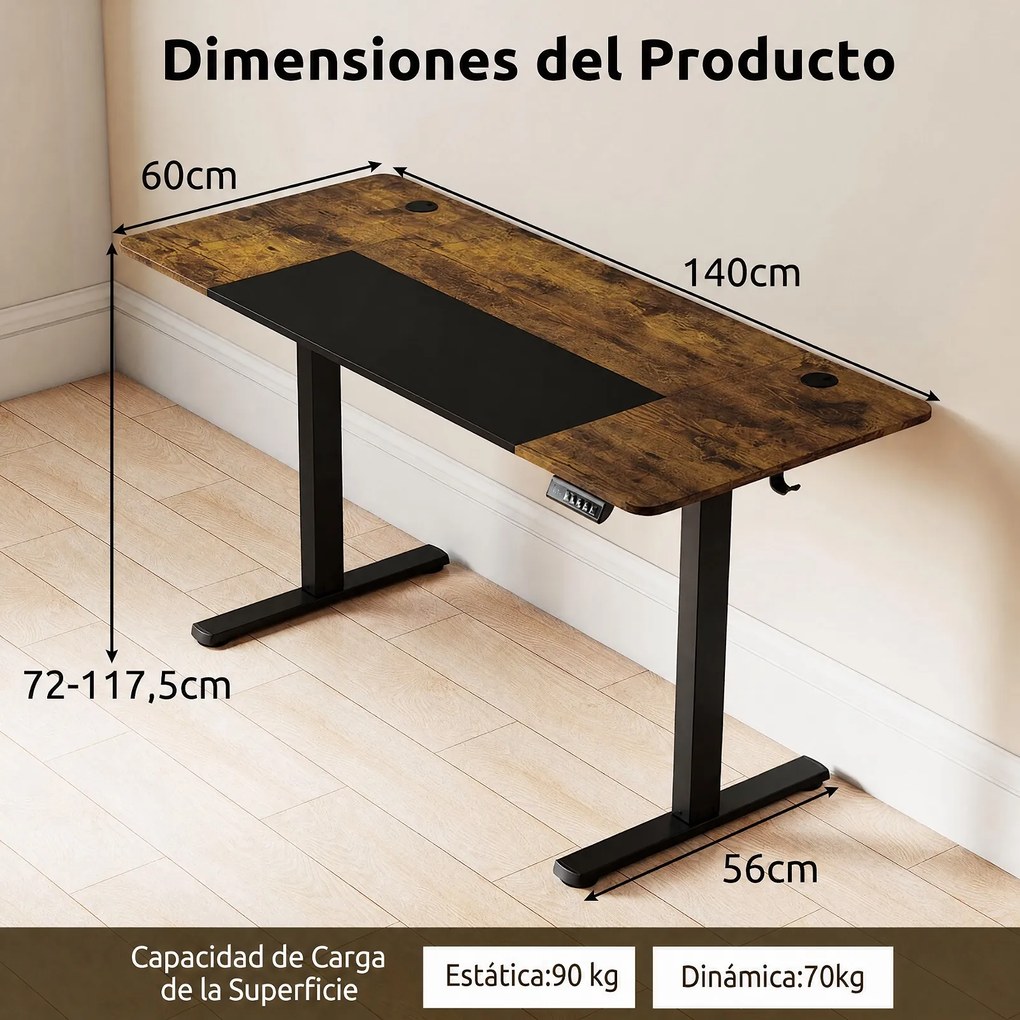 Secretária de Escritório Elétrica, 140 x 60 x 72-118 cm, Altura Regulável com 3 Memórias, Castanho + Preto