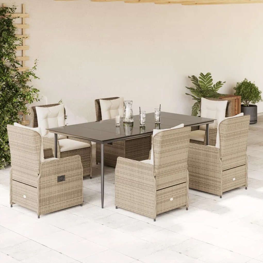 7 pcs conjunto de jantar p/ jardim com almofadões vime PE bege