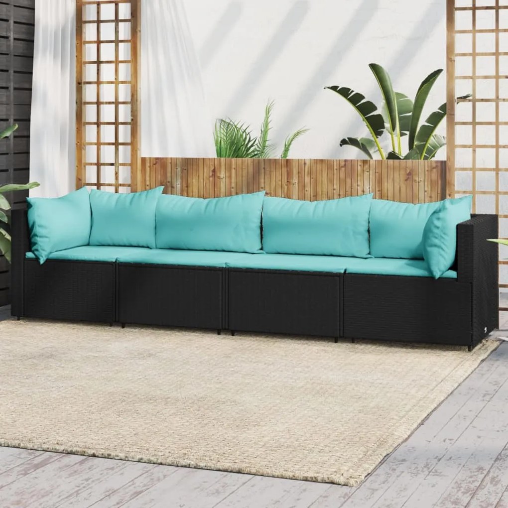 vidaXL 4 pcs conjunto lounge de jardim c/ almofadões vime PE preto