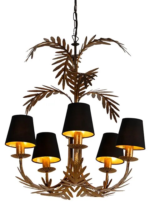 Candeeiro de teto dourado com abajur de algodão preto 5 luzes - Botanica Rústico