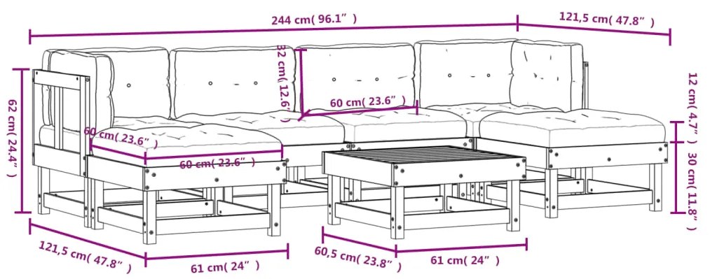 7 pcs conjunto lounge de jardim c/ almofadões madeira maciça