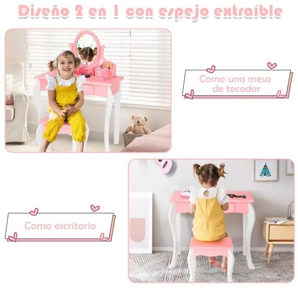 Conjunto de Toucador e Banco para Crianças Mesa de Maquilhagem para Princesas para Meninas com Espelho Rotativo 360° Removível 3 Gavetas Rosa e Branco