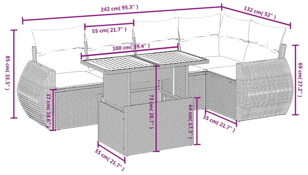 6 pcs conjunto sofás de jardim c/ almofadões vime PE preto