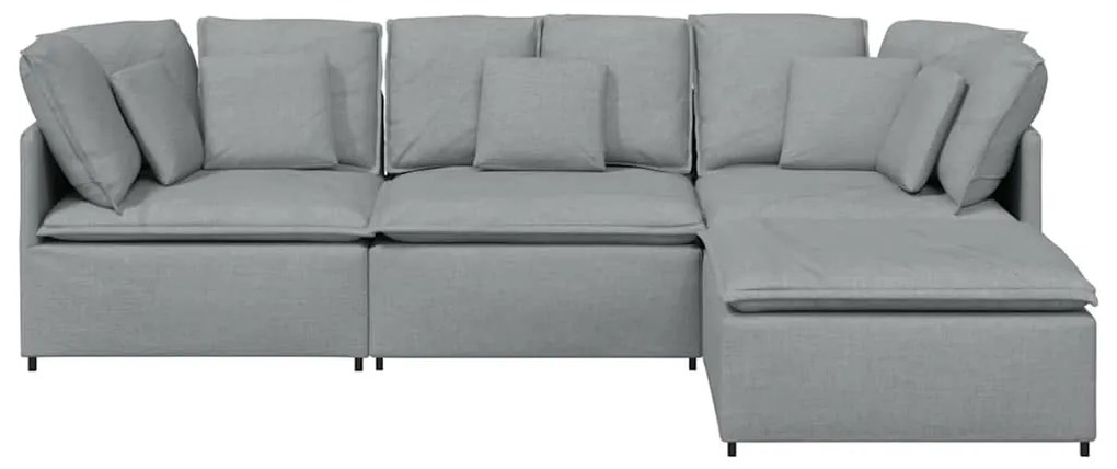 Sofá modular com pufes e almofadas tecido cinzento-claro