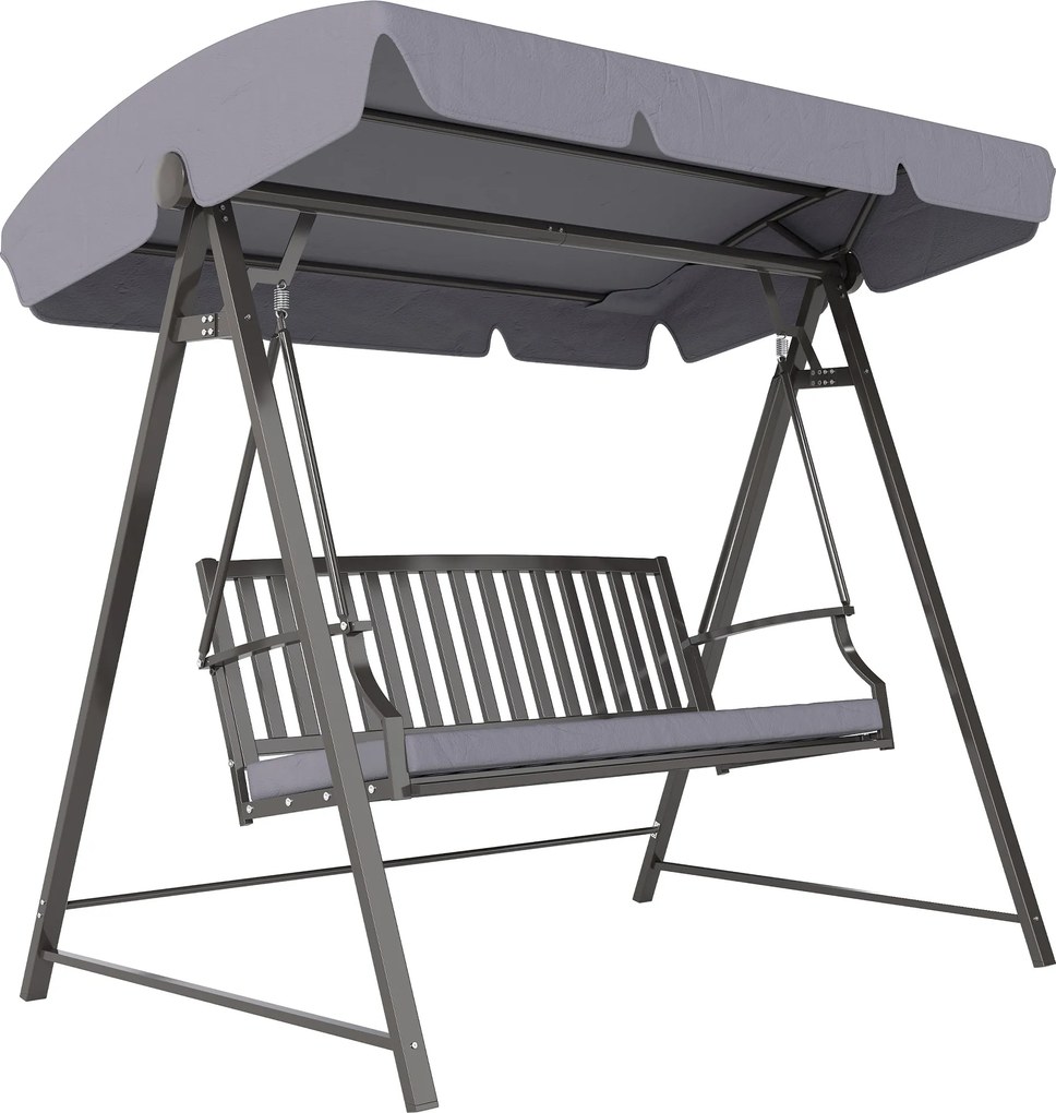 Baloiço de Jardim para 3 Pessoas Banco Baloiço com Toldo Ajustável Almofada e Estrutura de Aço 205x133x181 cm Cinzento