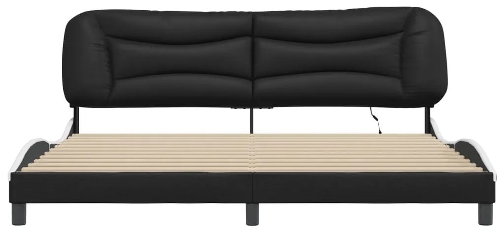 Estrutura cama c/ luz LED 200x200 cm couro artif. preto/branco
