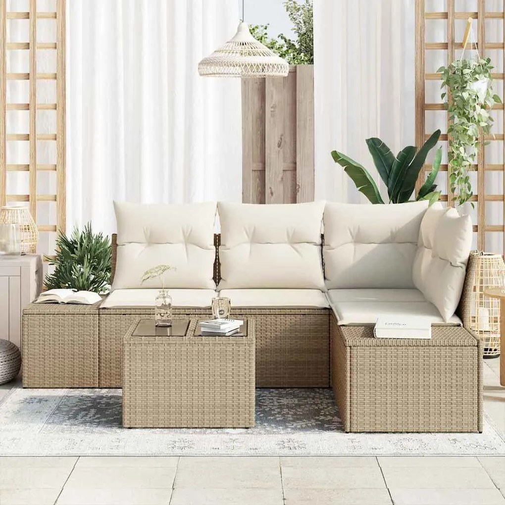 Conjunto de Sofá de Jardim de 5 Peças com Almofadas Marrons em Rattan