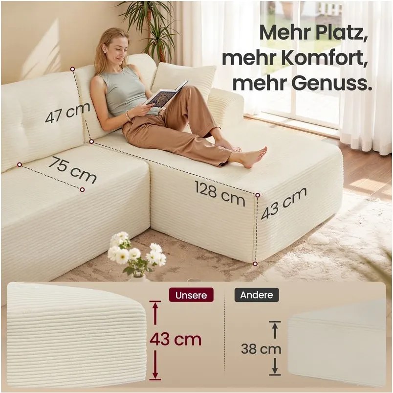 Sofá modular com 244 cm de largura e uma grande chaise longue à direita, em branco creme