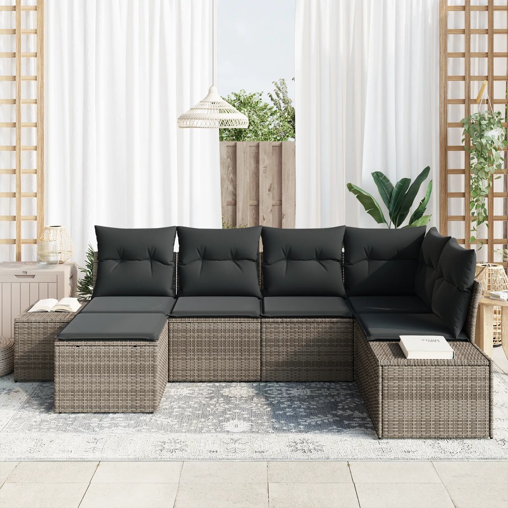 Conjunto de Sofá de Jardim com Almofadas Cinza de Rattan Poliéster
