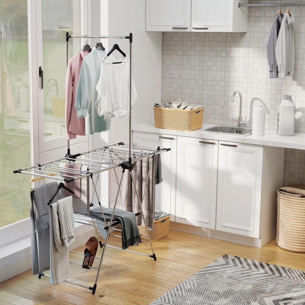 Estendal Vertical Dobrável com Laterais Ajustáveis em 5 Níveis 4 Suportes para Calçado 139x62,5x201 cm Prata