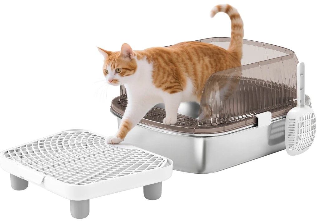 PawHut Caixa de Areia para Gatos Coberto Extra Grande Caixa de Areia Fechada com Bandejaem Aço Inoxidável Bordas Altas Pá Degrau Zona para Queda de Areia para Gatos Grandes 53x42x27 cm Cinzento