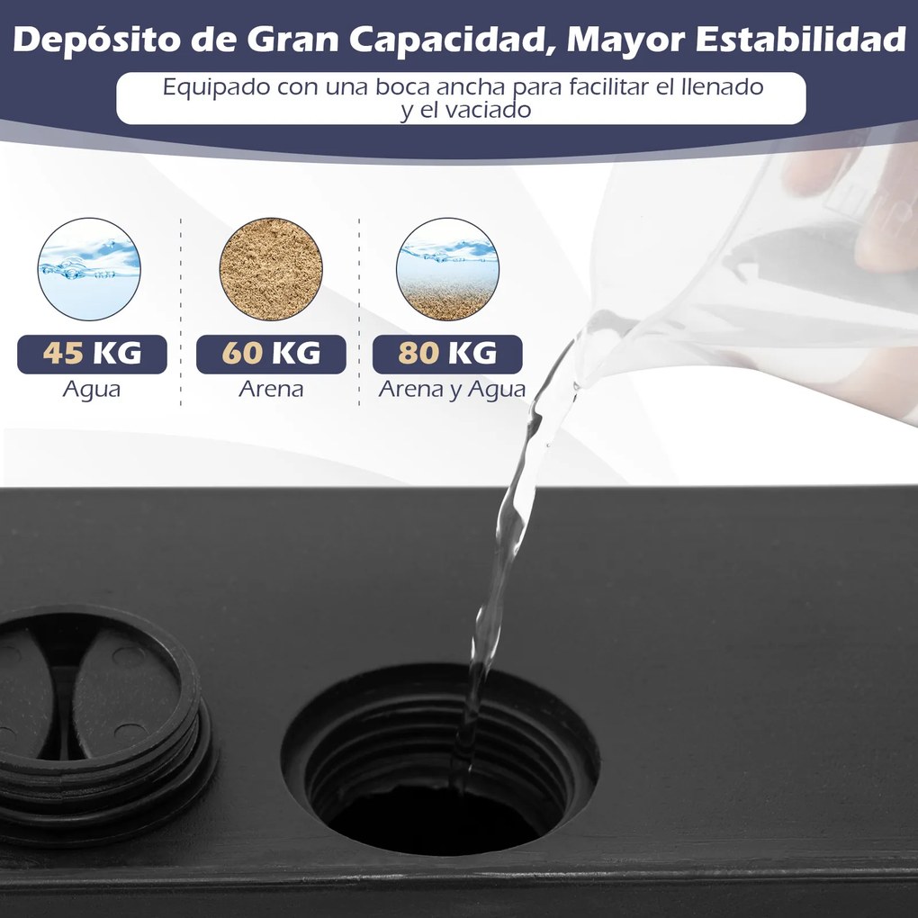 Base para guarda-sol recheável com água e areia, com rodas, 2 travões e 2 adaptadores para postes de 36/38/48 mm, com capacidade para 80 kg, para jard