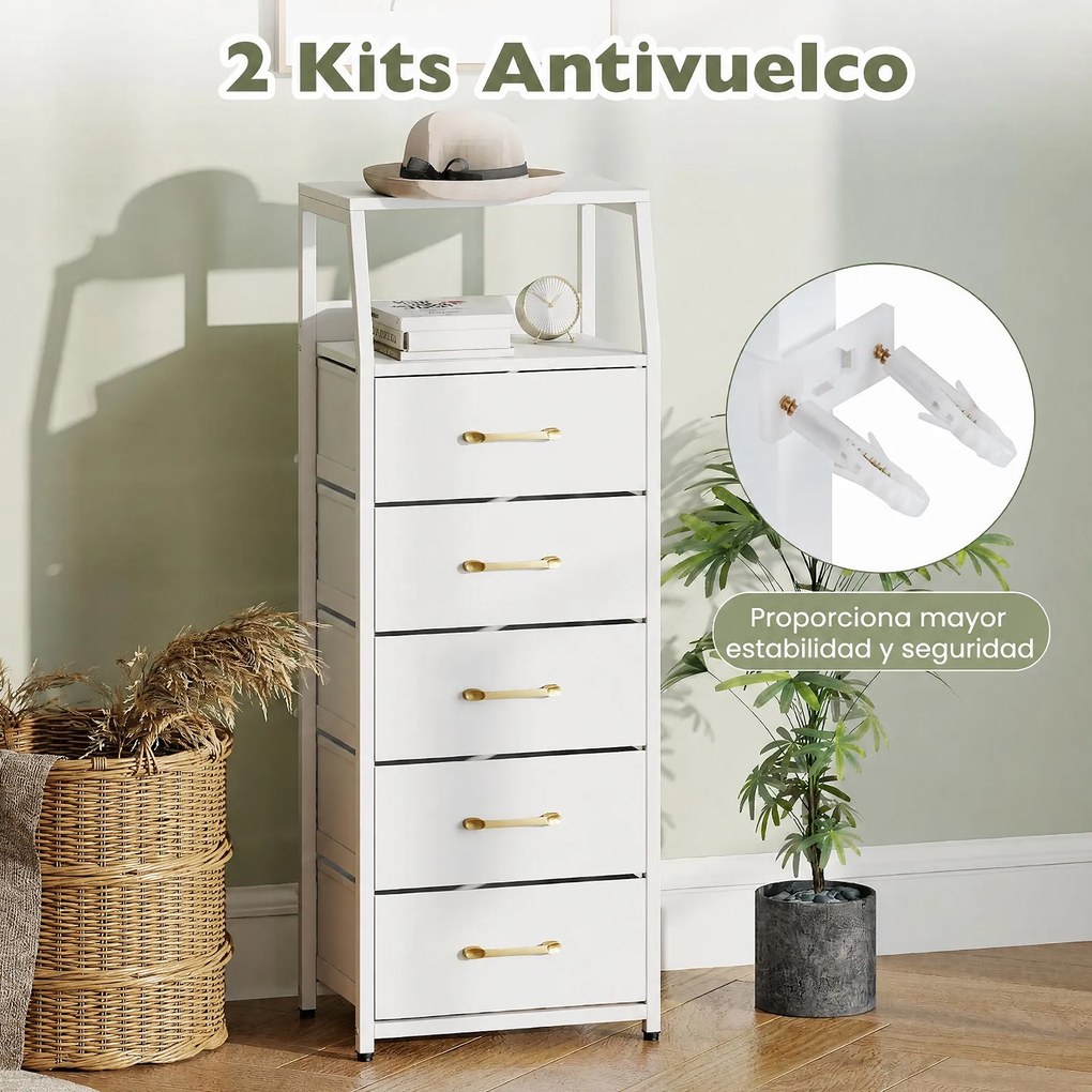 Cómoda de 5 Gavetas, 40,5 x 29 x 110,5 cm, Gavetas de Tecido Removíveis, Branco