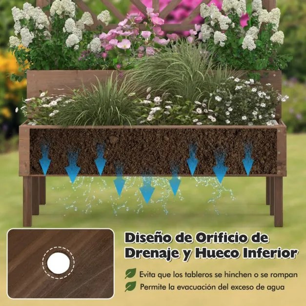 Floreira de jardim de 2 níveis com treliça e pernas 109 x 62 x 135 cm Castanho
