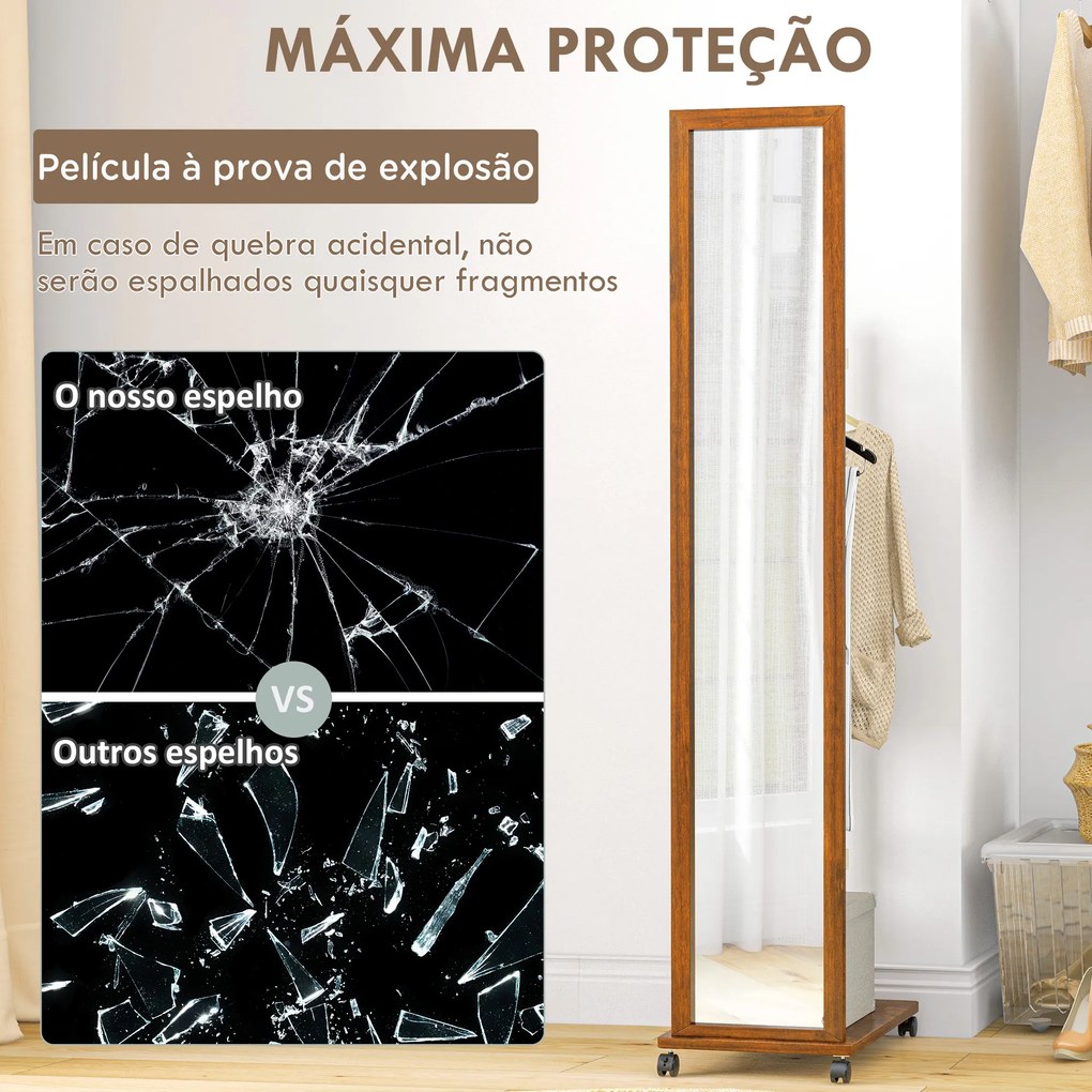Espelho de Pé com Rodas Espelho de Corpo Inteiro com Barra para Pendurar Roupa e Prateleira 35,5x49,5x167,8 cm Nogueira