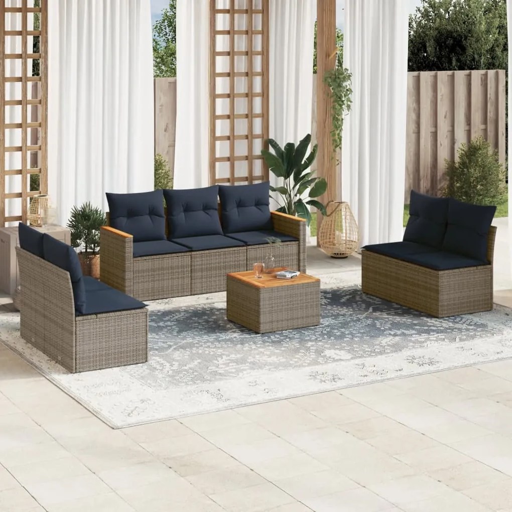 vidaXL 8 pcs conjunto sofás p/ jardim c/ almofadões vime PE cinzento