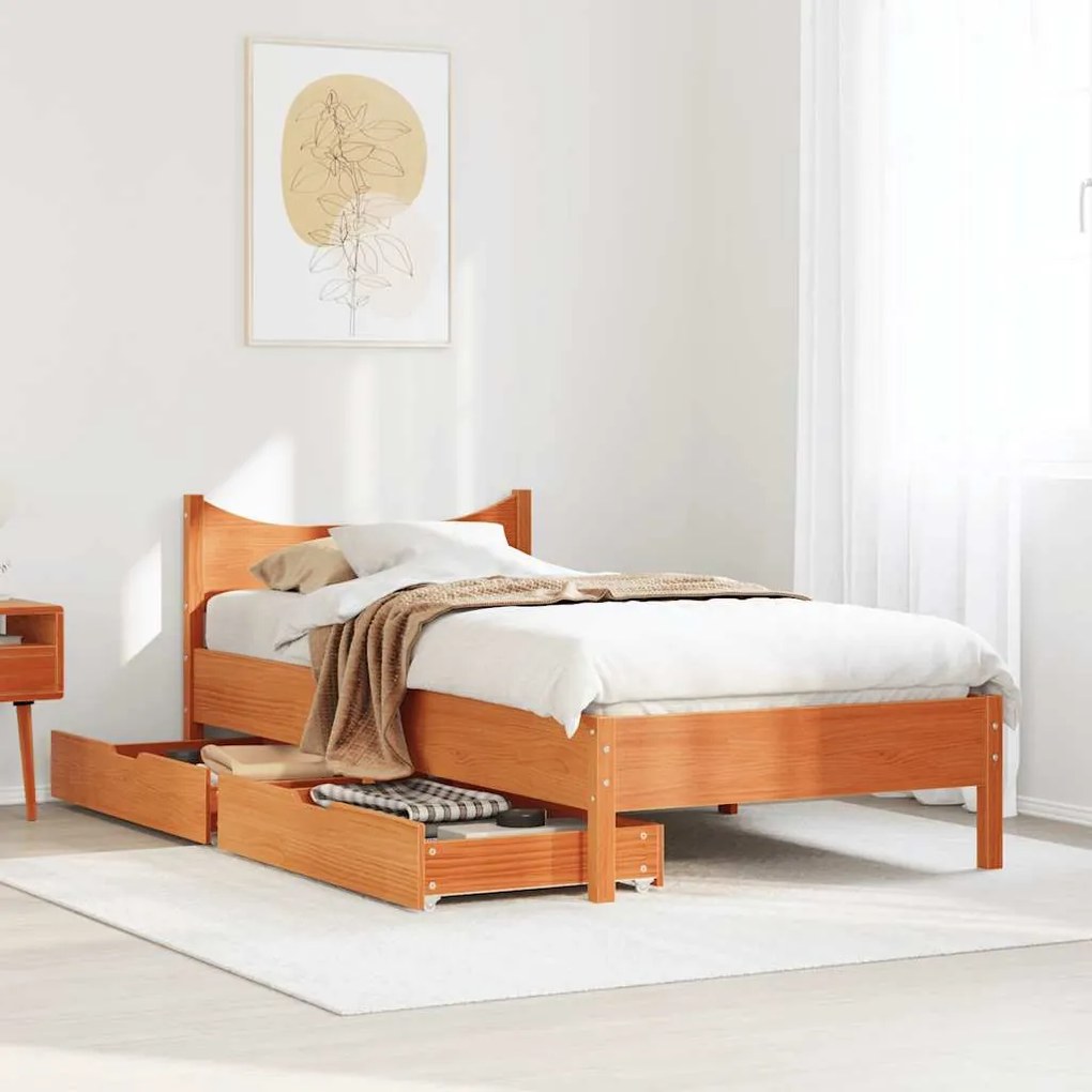 Estrutura de cama c/ gavetas 75x190cm pinho maciço castanho-mel