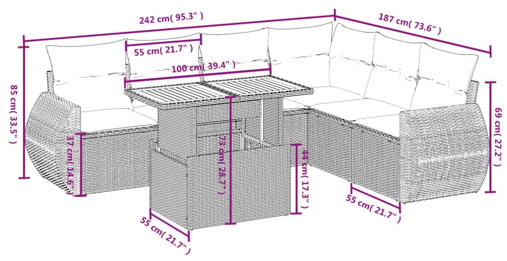 7 pcs conjunto de sofás p/ jardim com almofadões vime PE bege