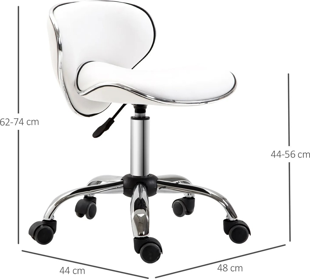 Banco com rodas, banco de trabalho com altura ajustável de 44 a 56 cm e encosto, giratório a 360°, branco