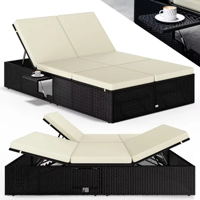 Cama, espreguiçadeira dupla de jardim em Poliratán 200x115x33cm preto/creme