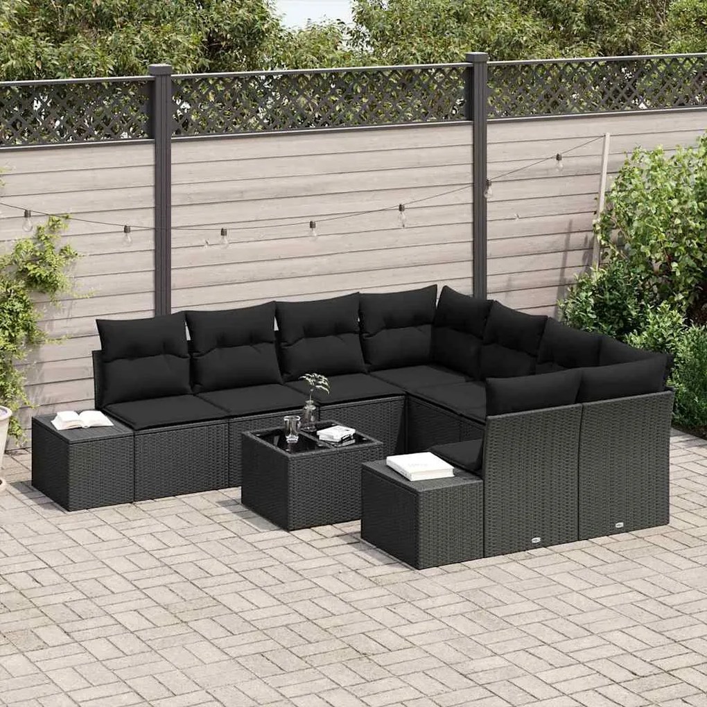 Conjunto de Sofá de Jardim de 9 Peças da com Almofadas Pretas em Ratan
